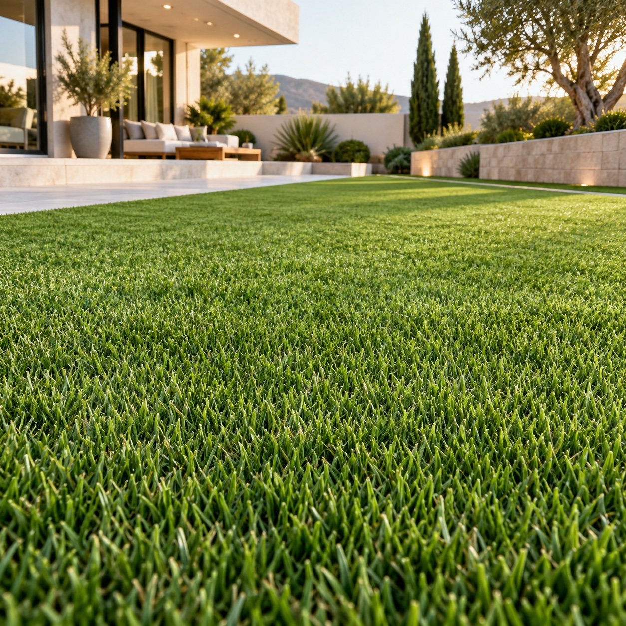 Premium artificial grass in a landscaped villa garden