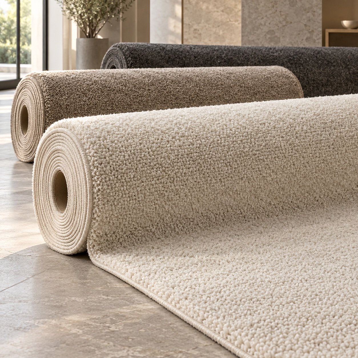 Ivory, taupe and charcoal broadloom carpet rolls in a premium showroom