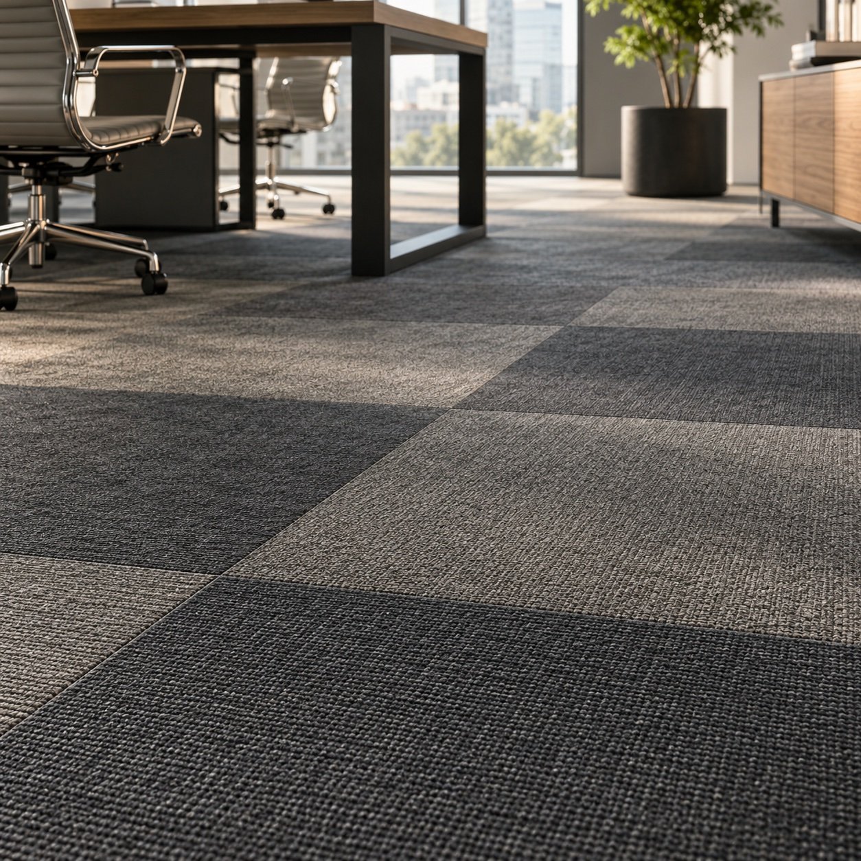 Textured grey modular carpet tiles in a contemporary office