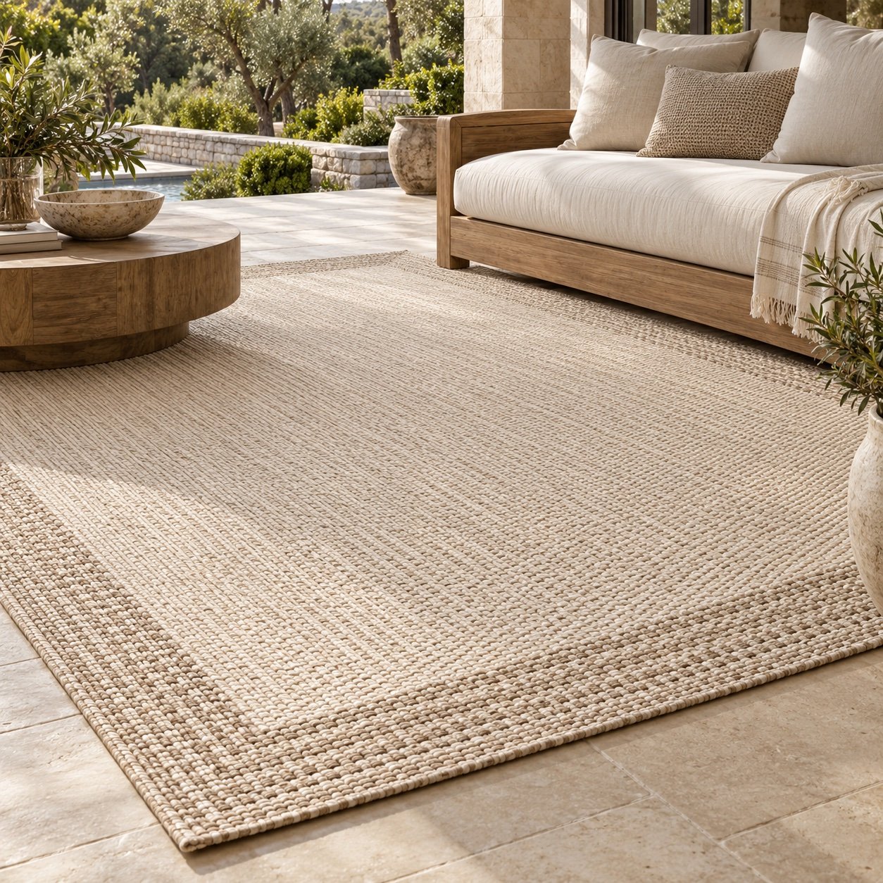 Woven outdoor rug on an elegant terrace with teak seating