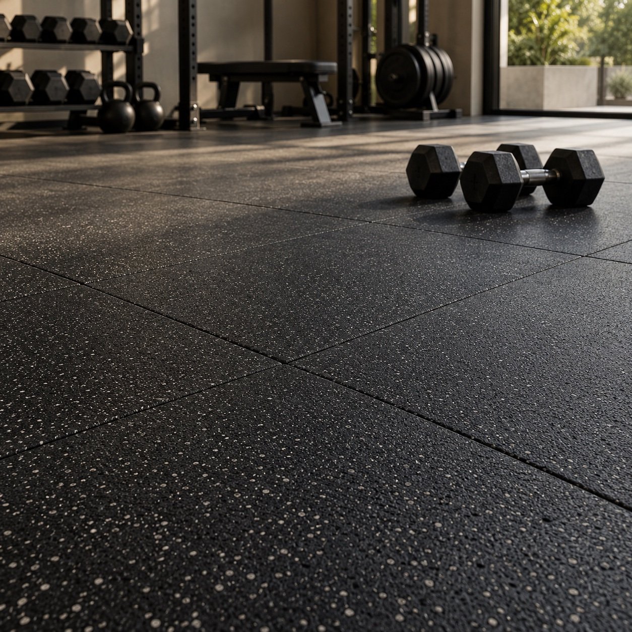 Black speckled rubber floor tiles in a boutique gym